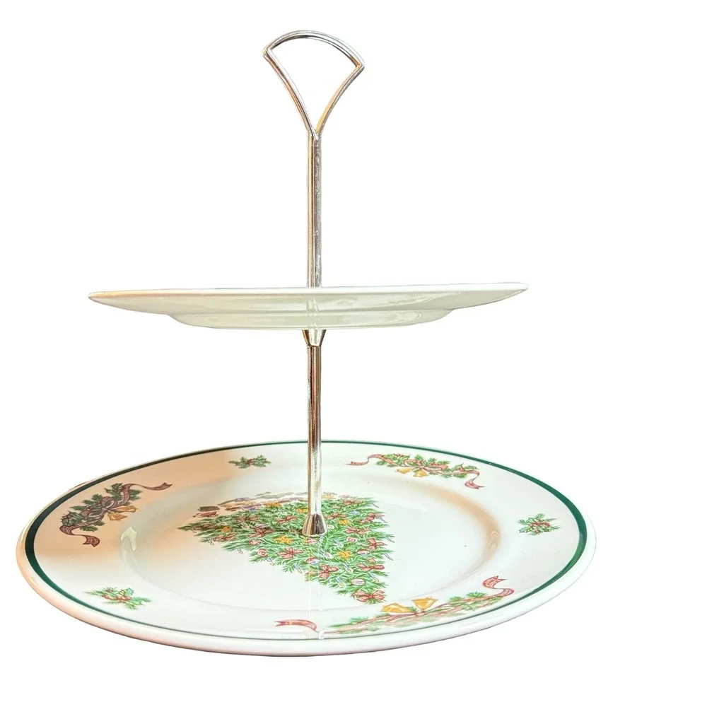 Johnson Brothers 2 Tier Server Victorian Christmas Cookie Plates Silver Toned